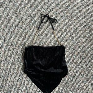 Black Velvet Halter Top with Gold Chain Straps